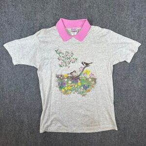 Vintage Daybreak Nature Graphic Polo Shirt Gray Pink Birds Flowers Large USA